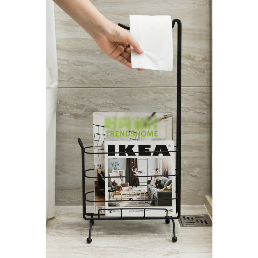 Metal Toilet Paper Holder with Magazine Rack Durable Wired Design Bath Storage Image 2