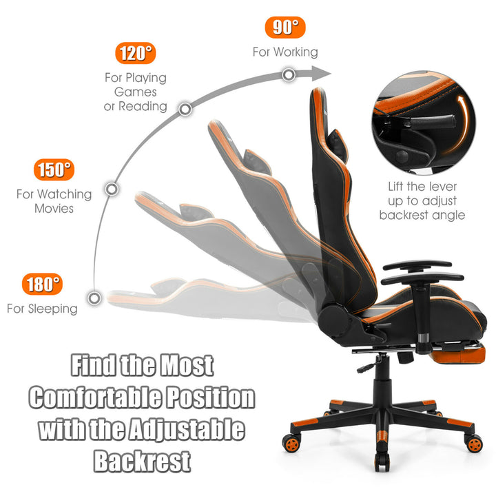 Massage Gaming Chair Reclining Racing Chair with Lumbar Support andFootrest Orange Image 6