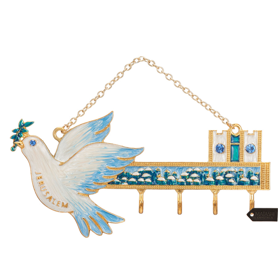 Matashi Hand-Painted Blue and Ivory Enamel Dove and Jerusalem Cityscape Design Decorative Hanging Wall Hooks for Image 1