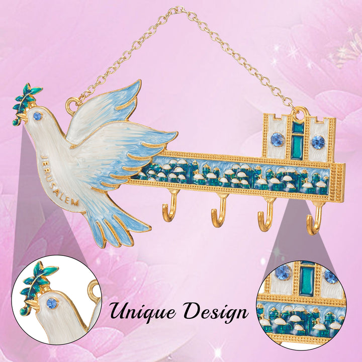 Matashi Hand-Painted Blue and Ivory Enamel Dove and Jerusalem Cityscape Design Decorative Hanging Wall Hooks for Image 2