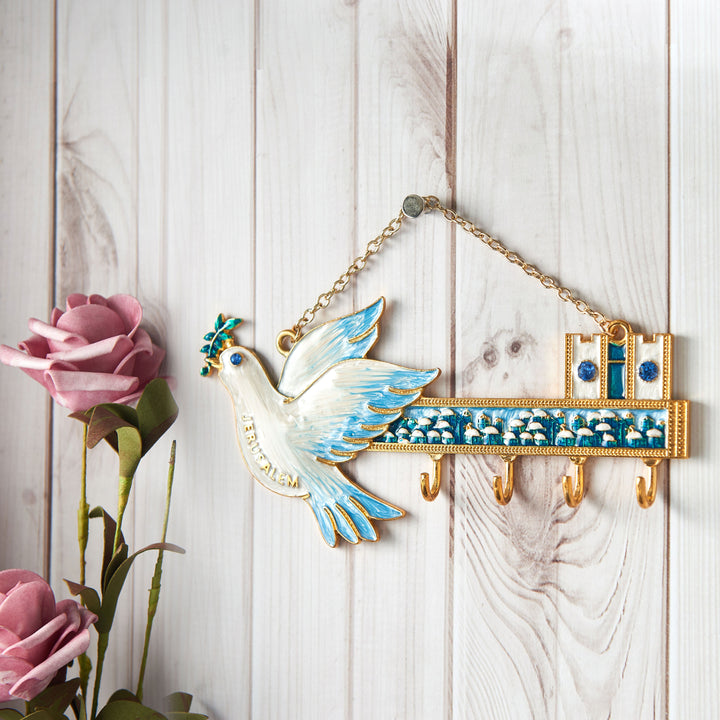 Matashi Hand-Painted Blue and Ivory Enamel Dove and Jerusalem Cityscape Design Decorative Hanging Wall Hooks for Image 3