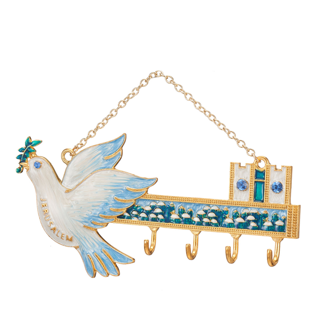 Matashi Hand-Painted Blue and Ivory Enamel Dove and Jerusalem Cityscape Design Decorative Hanging Wall Hooks for Image 5