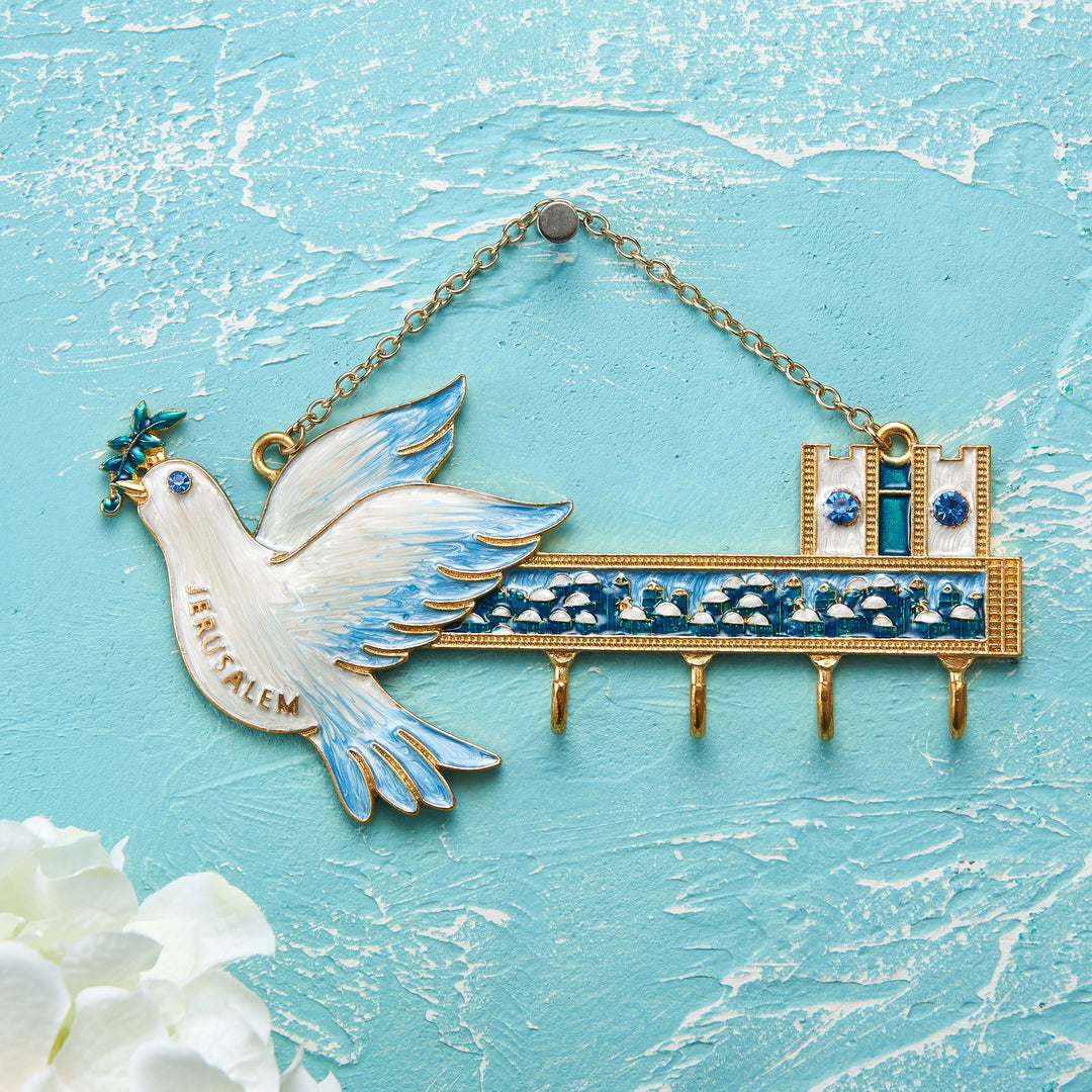 Matashi Hand-Painted Blue and Ivory Enamel Dove and Jerusalem Cityscape Design Decorative Hanging Wall Hooks for Image 6