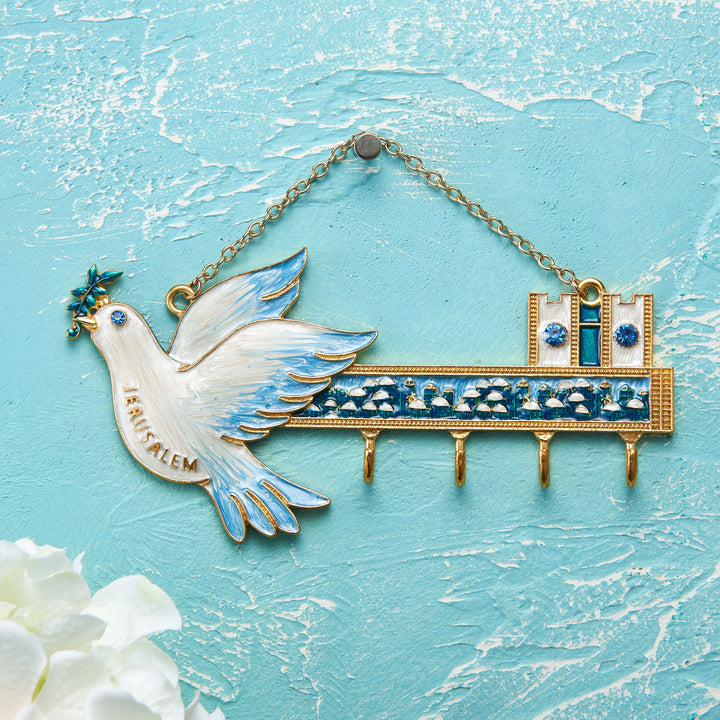 Matashi Hand-Painted Blue and Ivory Enamel Dove and Jerusalem Cityscape Design Decorative Hanging Wall Hooks for Image 6