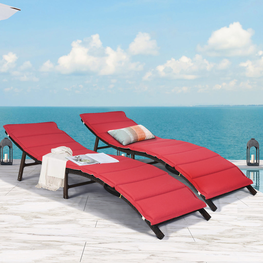 2PCS Patio Rattan Folding Lounge Chair Stackable Double Sided Cushion Outdoor Red Image 1