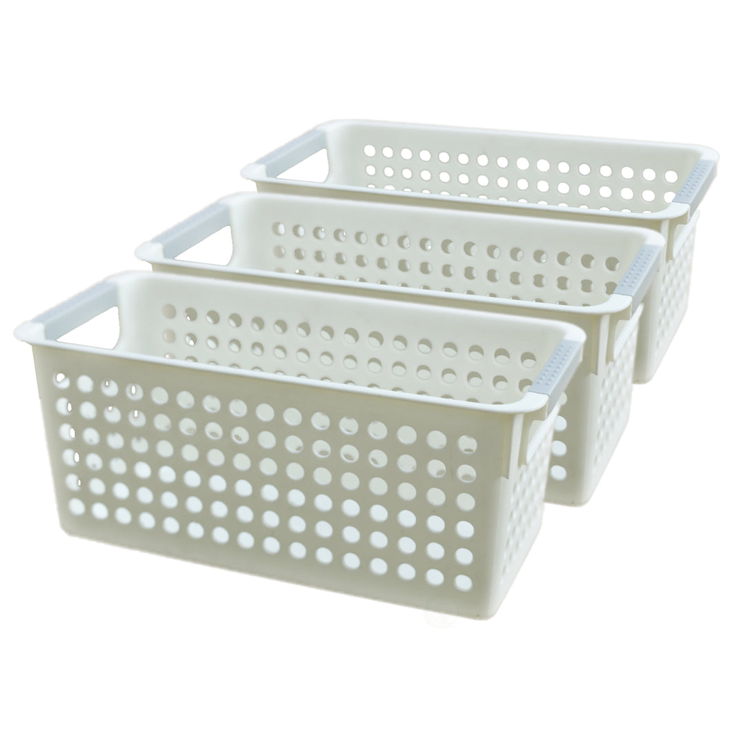 White Rectangular Plastic Shelf Organizer Basket with Handles Image 1