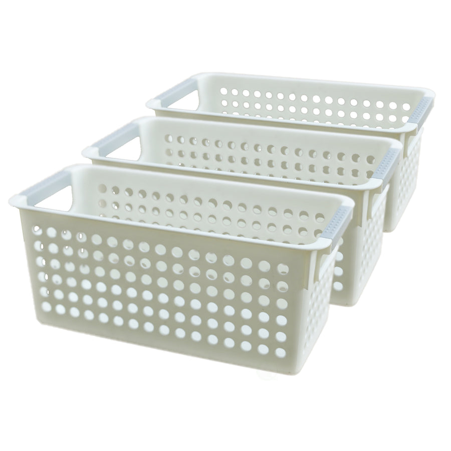 White Rectangular Plastic Shelf Organizer Basket with Handles Image 1