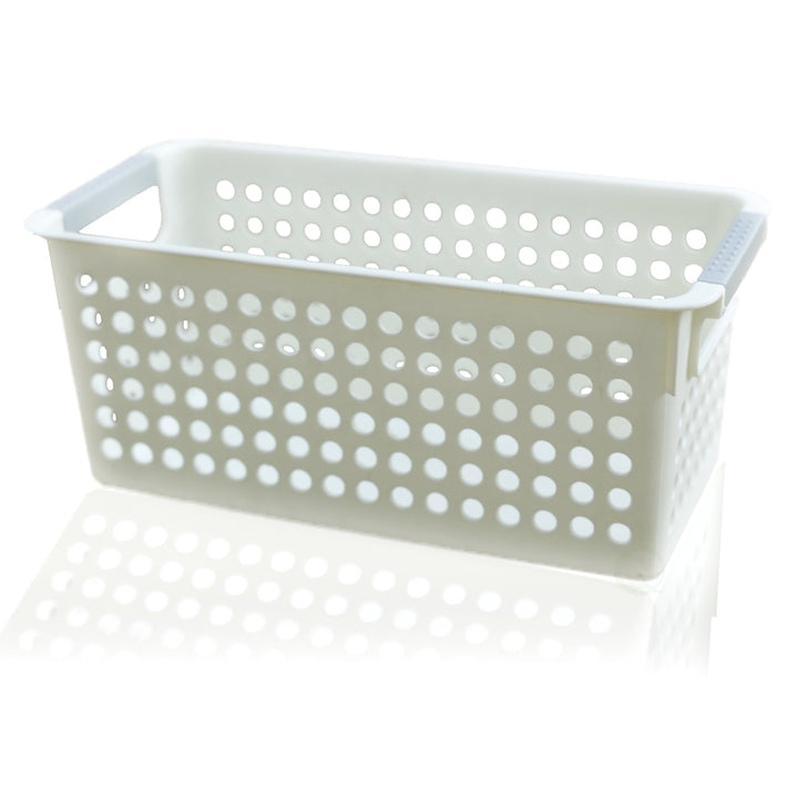 White Rectangular Plastic Shelf Organizer Basket with Handles Image 2