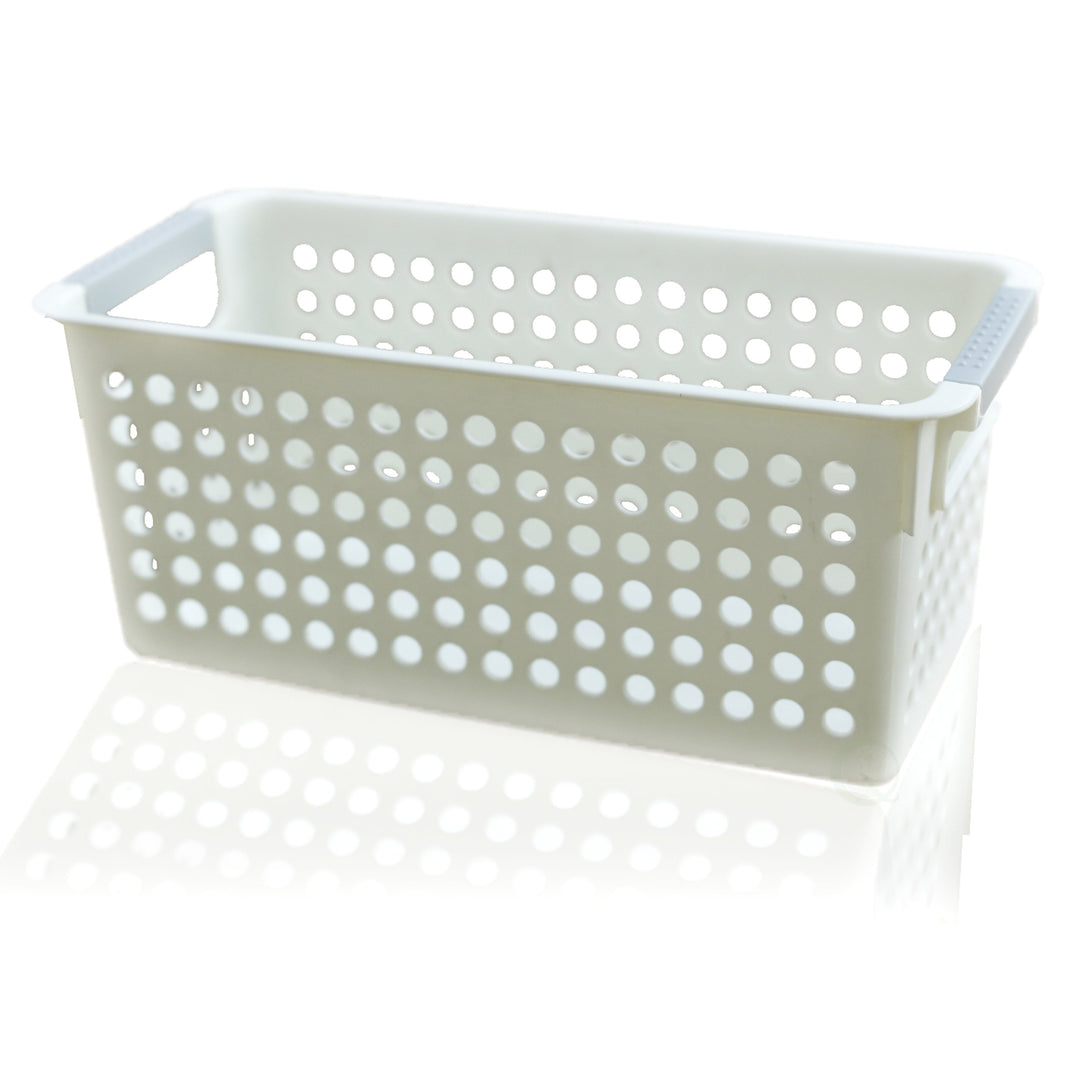 White Rectangular Plastic Shelf Organizer Basket with Handles Image 1