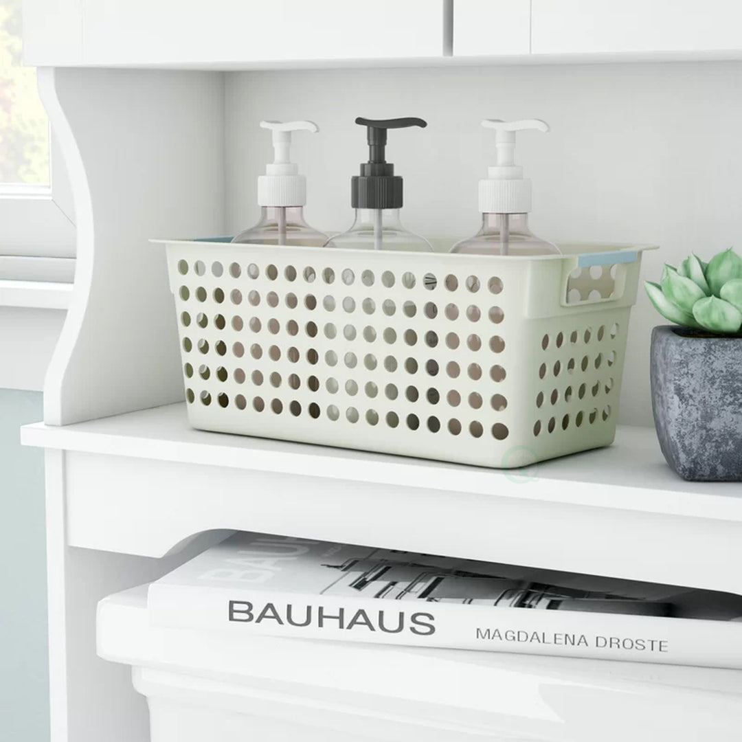 White Rectangular Plastic Shelf Organizer Basket with Handles Image 3