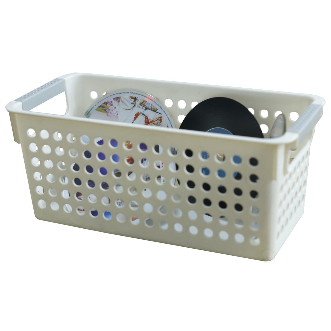 White Rectangular Plastic Shelf Organizer Basket with Handles Image 4