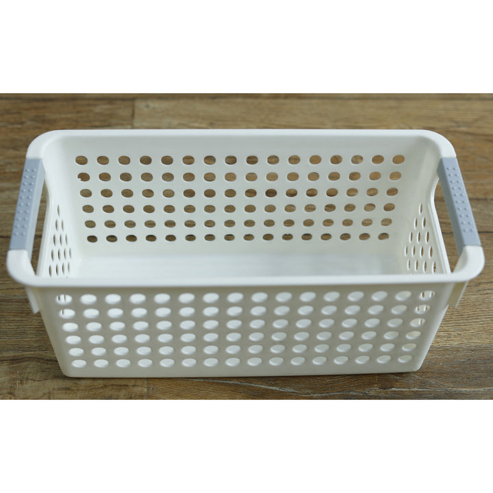 White Rectangular Plastic Shelf Organizer Basket with Handles Image 5