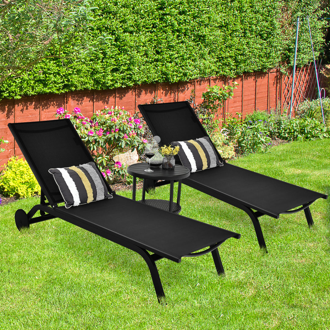 Set of 2 Patio Chaise Lounge Chair Aluminum Adjustable Recliner w/ Wheels Black Image 1