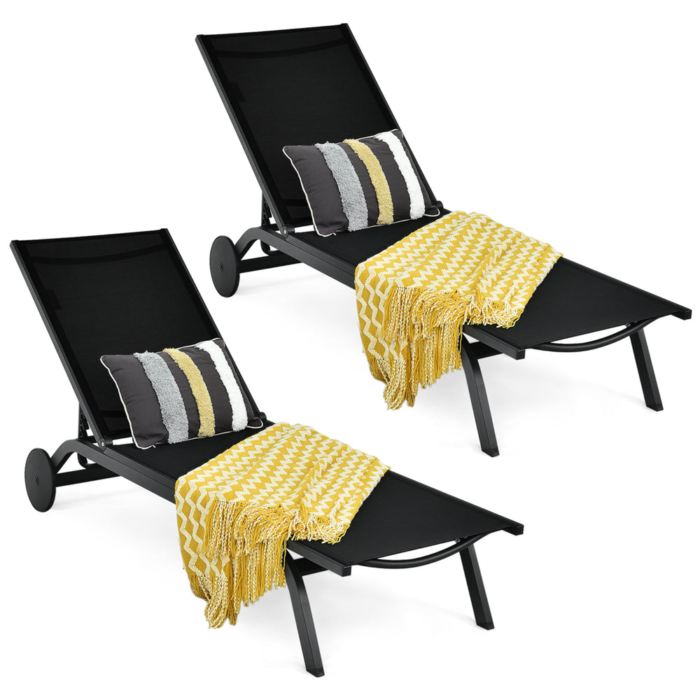 Set of 2 Patio Chaise Lounge Chair Aluminum Adjustable Recliner w/ Wheels Black Image 2