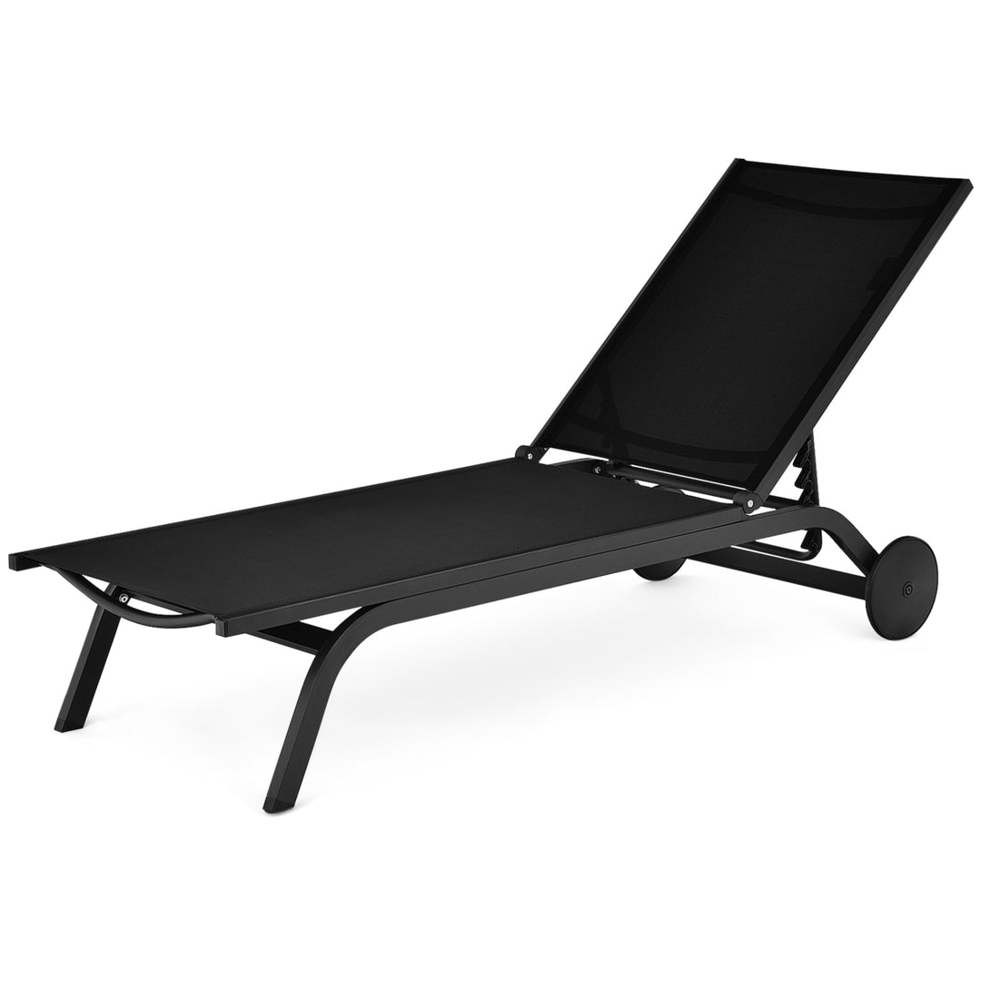 Patio Chaise Lounge Chair Aluminum Adjustable Recliner w/ Wheels Black Image 2