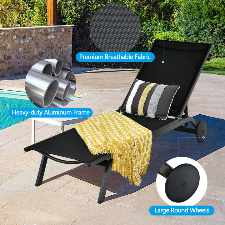 Set of 2 Patio Chaise Lounge Chair Aluminum Adjustable Recliner w/ Wheels Black Image 8