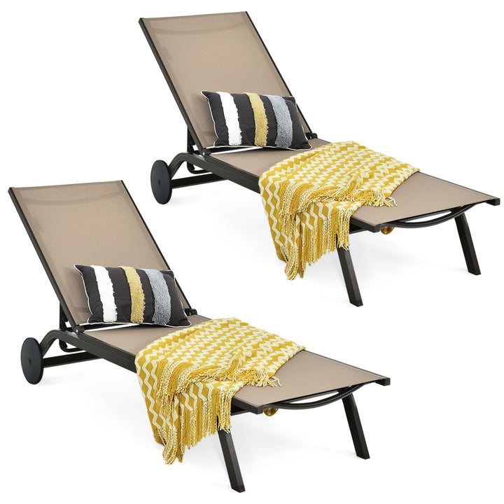 Set of 2 Patio Chaise Lounge Chair Aluminum Adjustable Recliner w/ Wheels Brown Image 2