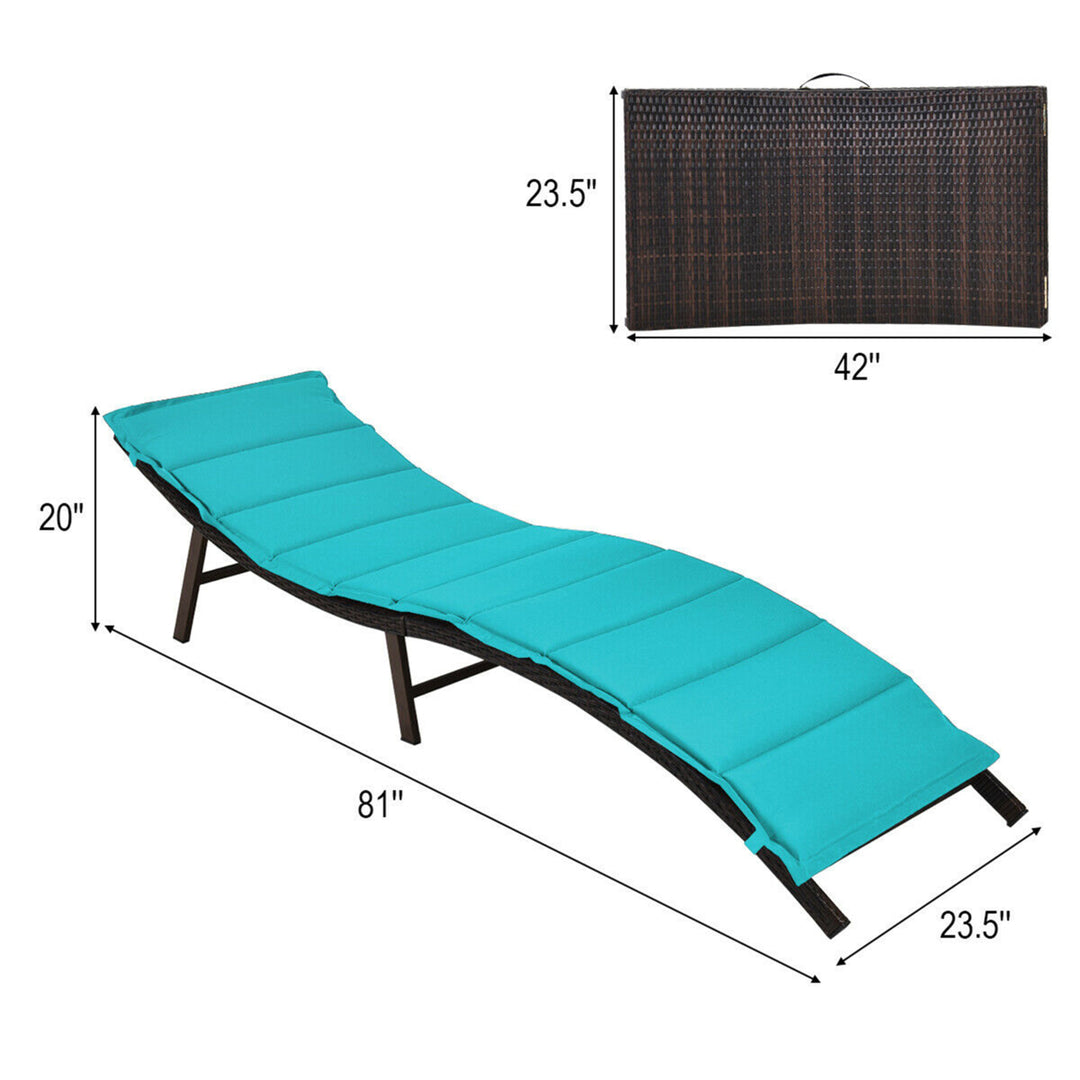 Set of 2 Folding Wicker Chaise Portable Lounge Chair w/ Turquoise Cushion Image 3