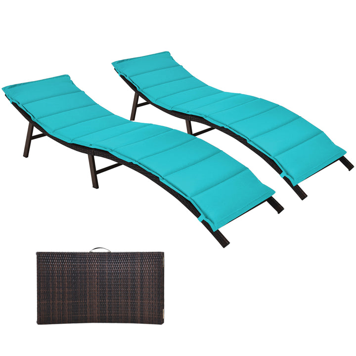 Set of 2 Folding Wicker Chaise Portable Lounge Chair w/ Turquoise Cushion Image 4