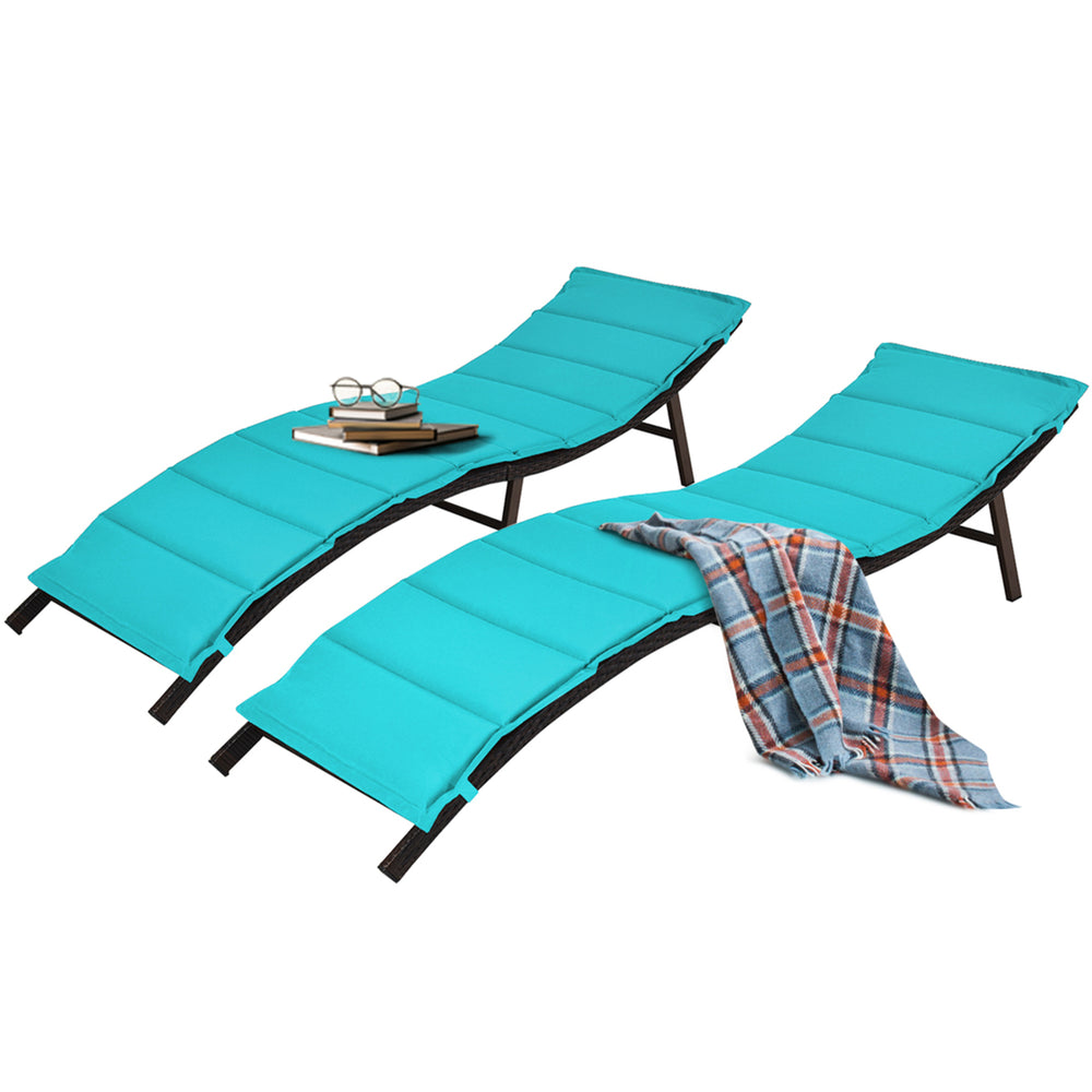 Set of 2 Folding Wicker Chaise Portable Lounge Chair w/ Turquoise Cushion Image 2