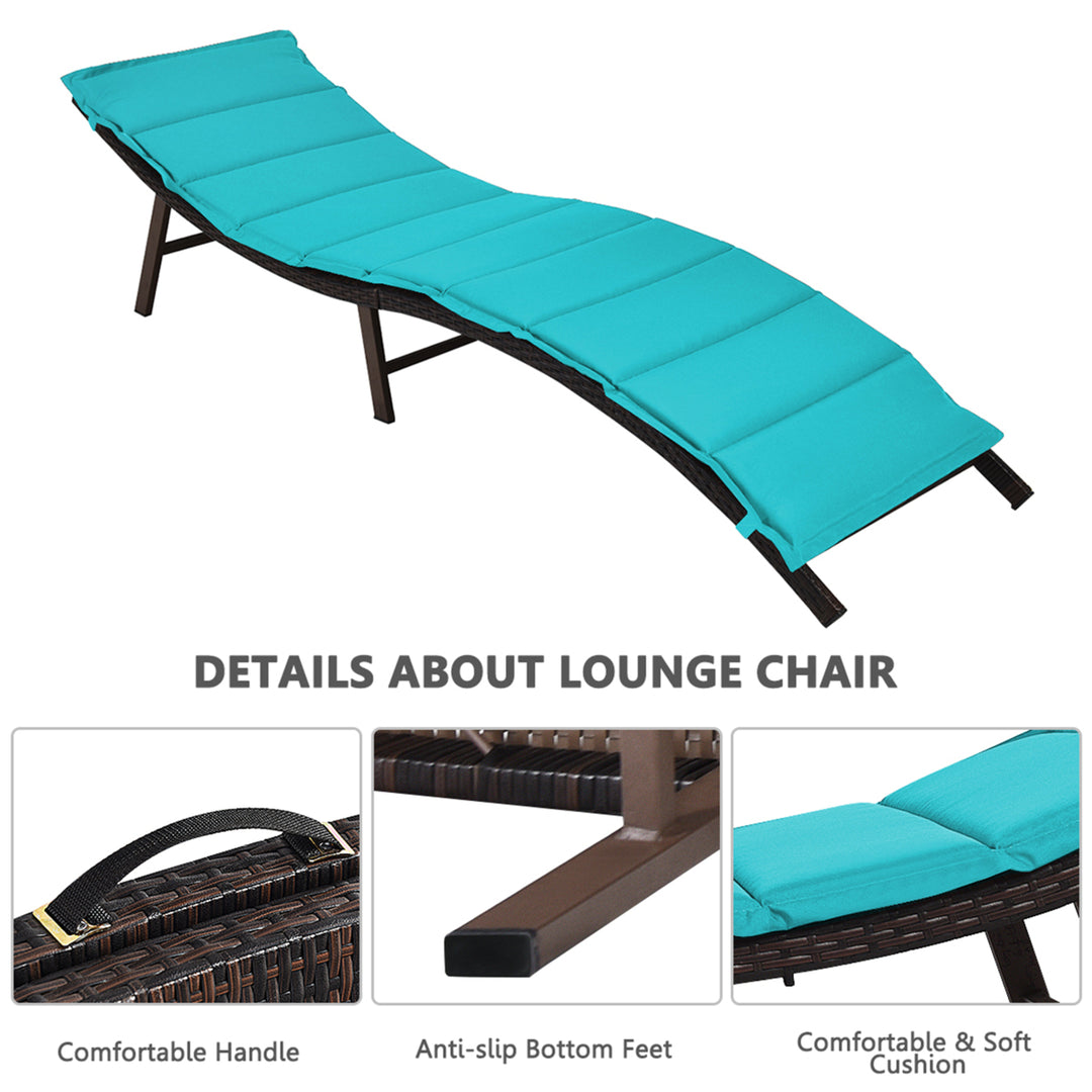 Set of 2 Folding Wicker Chaise Portable Lounge Chair w/ Turquoise Cushion Image 10