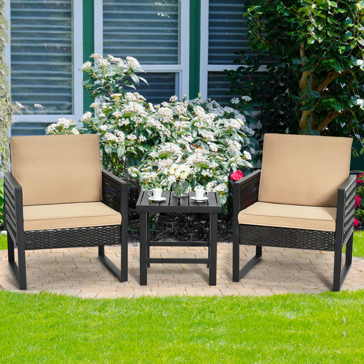 3PCS Rattan Outdoor Bistro Set Patio Conversation Furniture Set w/ Cushions Image 1