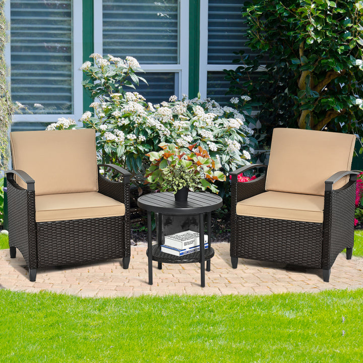 3PCS Outdoor Wicker Bistro Set Patio Conversation Furniture Set w/ Cushions Image 1