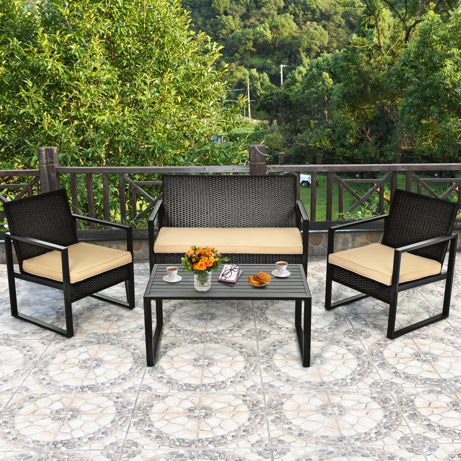 4PCS Outdoor Wicker Rattan Furniture Set Patio Conversation Set w/ Cushions Image 1