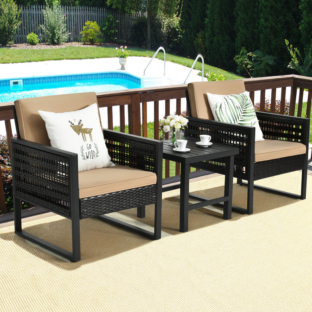 3PCS Rattan Outdoor Bistro Set Patio Conversation Furniture Set w/ Cushions Image 6