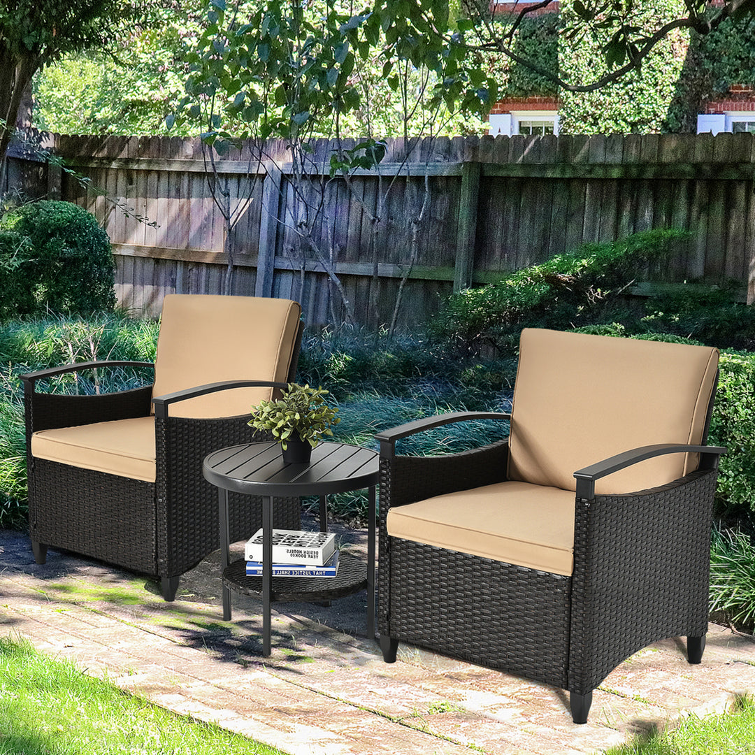 3PCS Outdoor Wicker Bistro Set Patio Conversation Furniture Set w/ Cushions Image 4