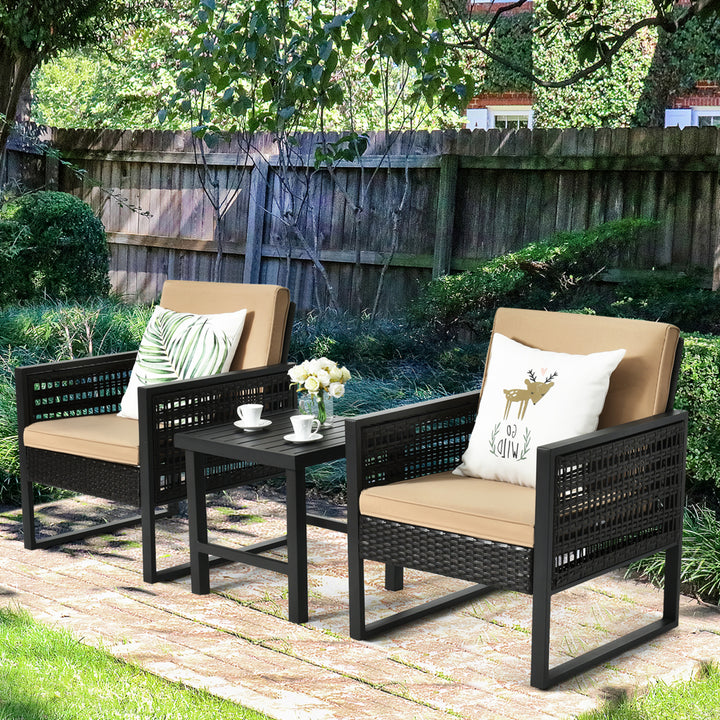 3PCS Rattan Outdoor Bistro Set Patio Conversation Furniture Set w/ Cushions Image 4