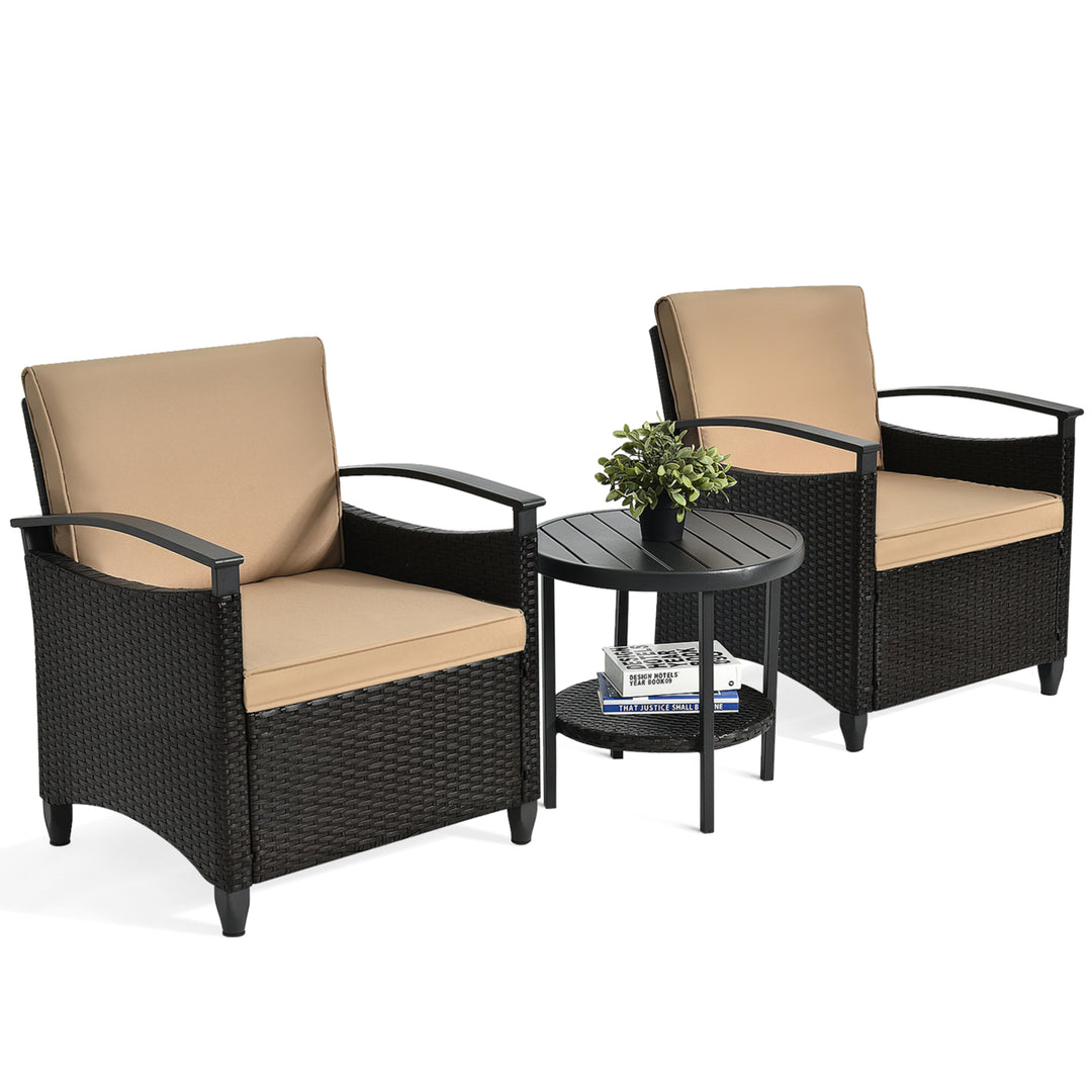 3PCS Outdoor Wicker Bistro Set Patio Conversation Furniture Set w/ Cushions Image 6