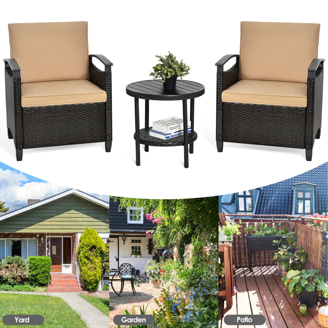 3PCS Outdoor Wicker Bistro Set Patio Conversation Furniture Set w/ Cushions Image 7