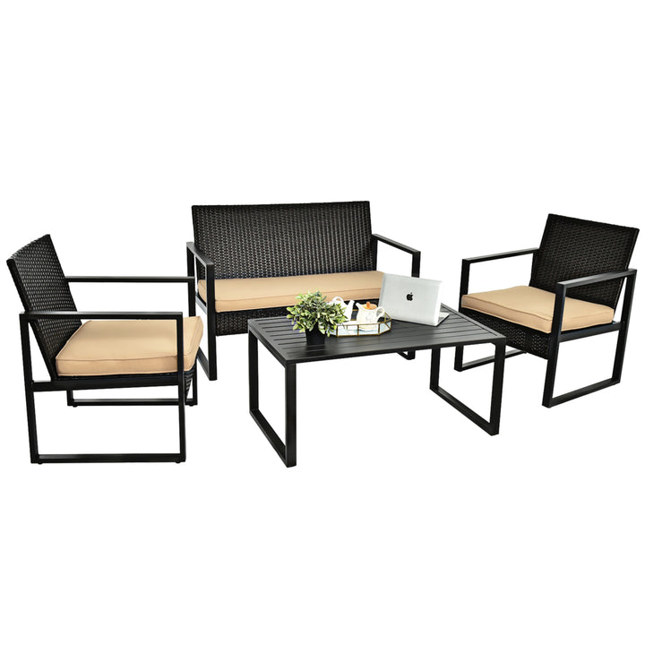 4PCS Outdoor Wicker Rattan Furniture Set Patio Conversation Set w/ Cushions Image 2