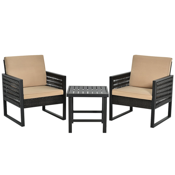 3PCS Rattan Outdoor Bistro Set Patio Conversation Furniture Set w/ Cushions Image 5