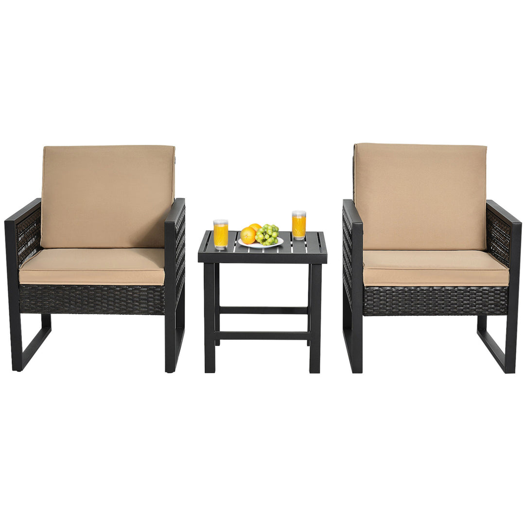 3PCS Rattan Outdoor Bistro Set Patio Conversation Furniture Set w/ Cushions Image 2