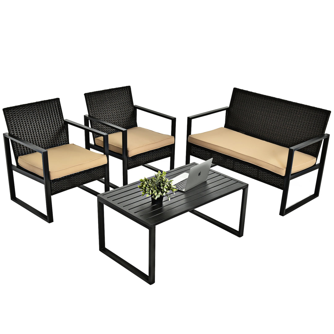 4PCS Outdoor Wicker Rattan Furniture Set Patio Conversation Set w/ Cushions Image 6