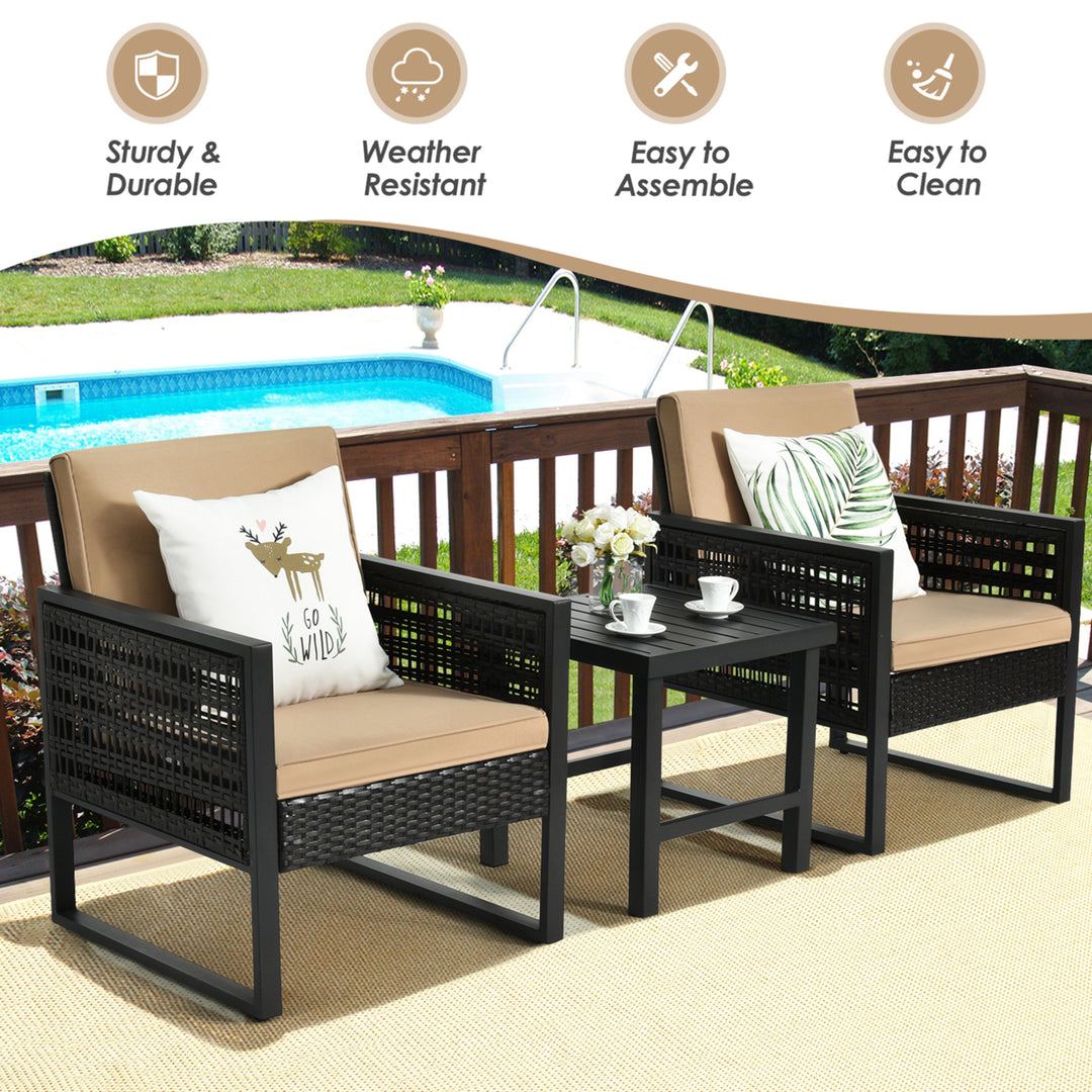 3PCS Rattan Outdoor Bistro Set Patio Conversation Furniture Set w/ Cushions Image 7