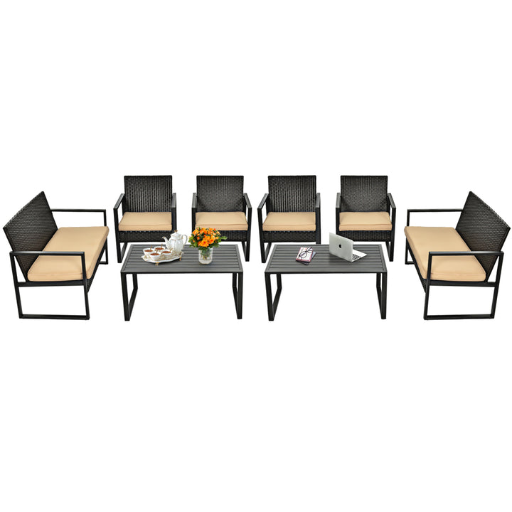 8PCS Outdoor Wicker Rattan Furniture Set Patio Conversation Set w/ Cushions Image 3