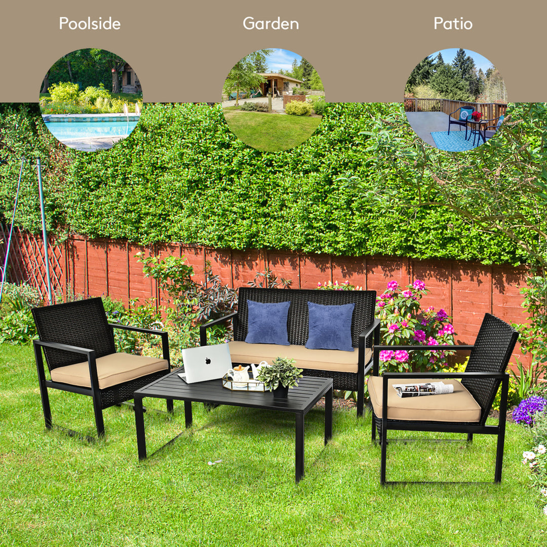 4PCS Outdoor Wicker Rattan Furniture Set Patio Conversation Set w/ Cushions Image 7