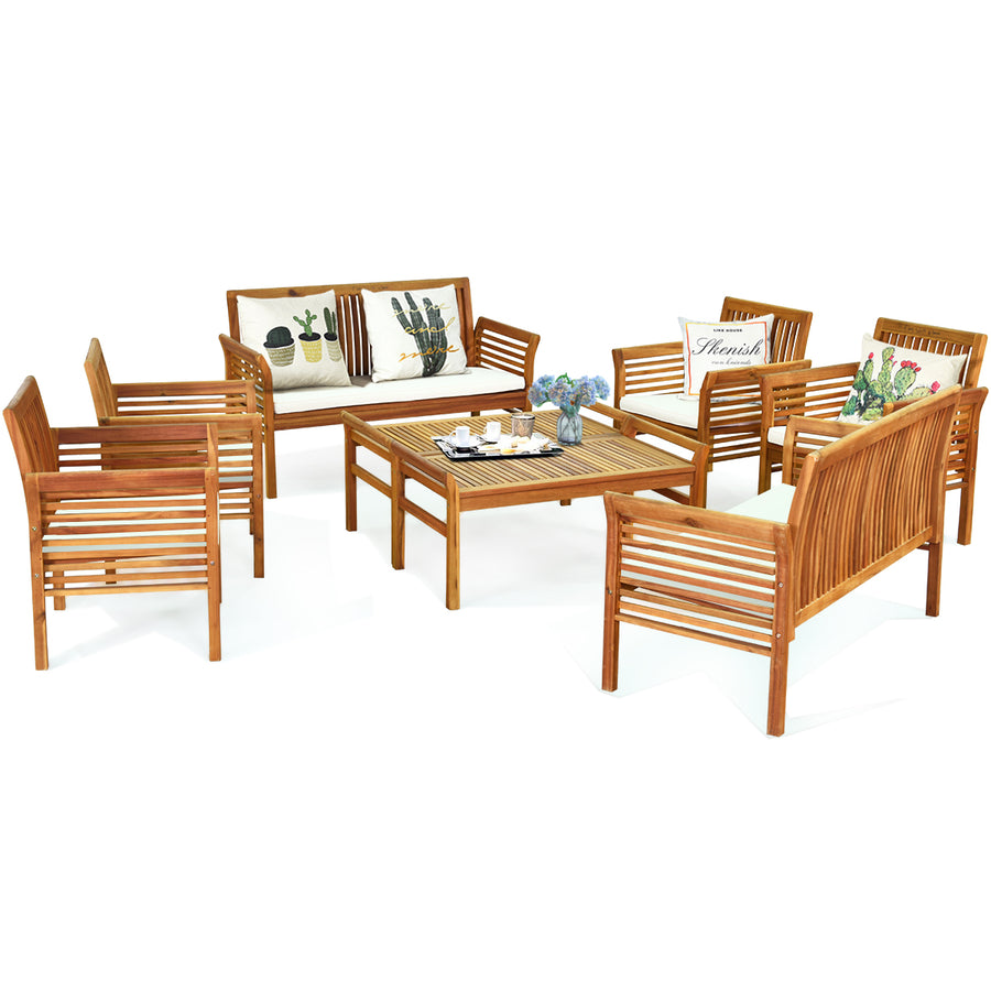 8PCS Wooden Patio Conversation Set Outdoor Furniture Set w/ Cushion Image 1