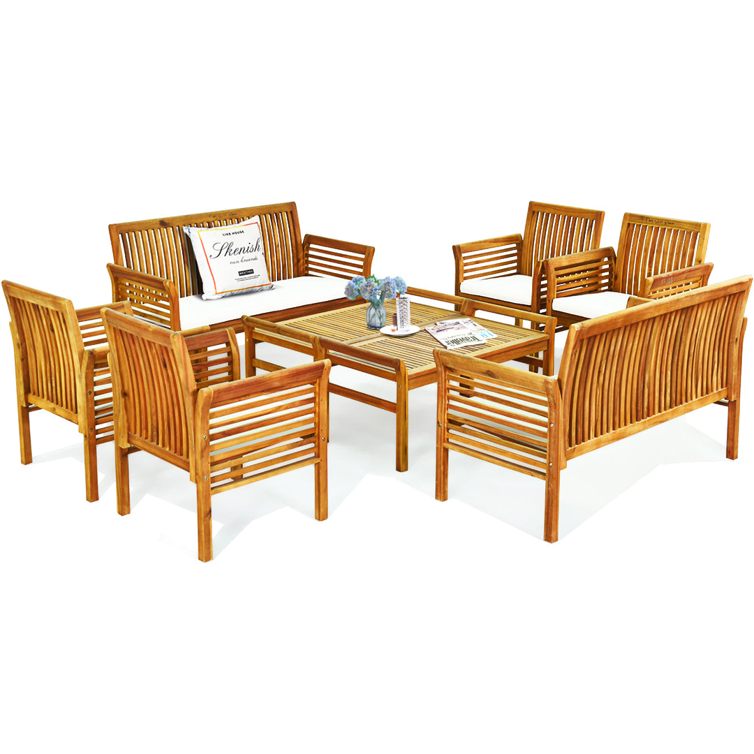 8PCS Wooden Patio Conversation Set Outdoor Furniture Set w/ Cushion Image 3