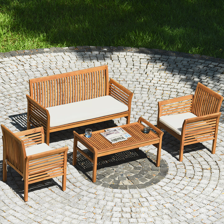 8PCS Wooden Patio Conversation Set Outdoor Furniture Set w/ Cushion Image 4