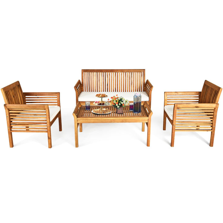 8PCS Wooden Patio Conversation Set Outdoor Furniture Set w/ Cushion Image 5