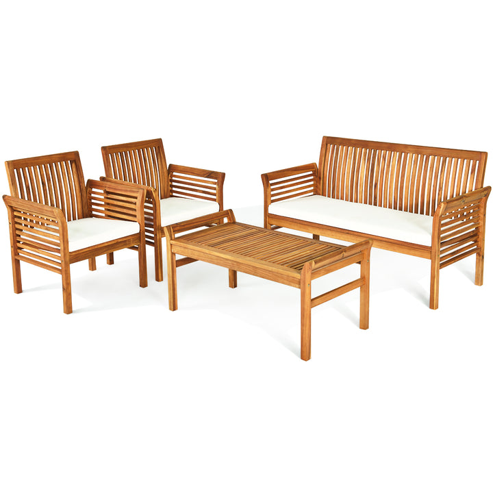 8PCS Wooden Patio Conversation Set Outdoor Furniture Set w/ Cushion Image 6