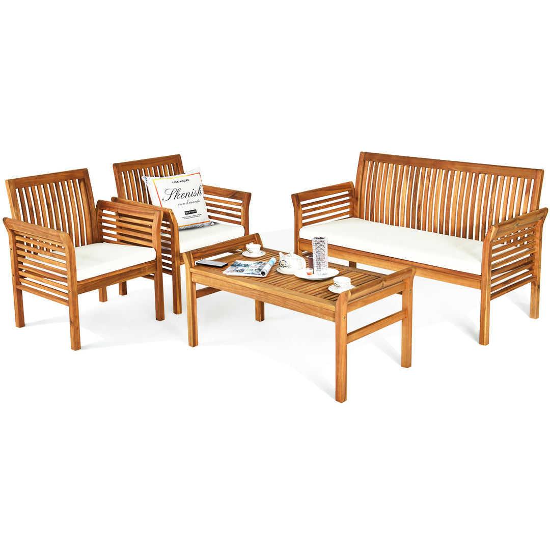 8PCS Wooden Patio Conversation Set Outdoor Furniture Set w/ Cushion Image 7