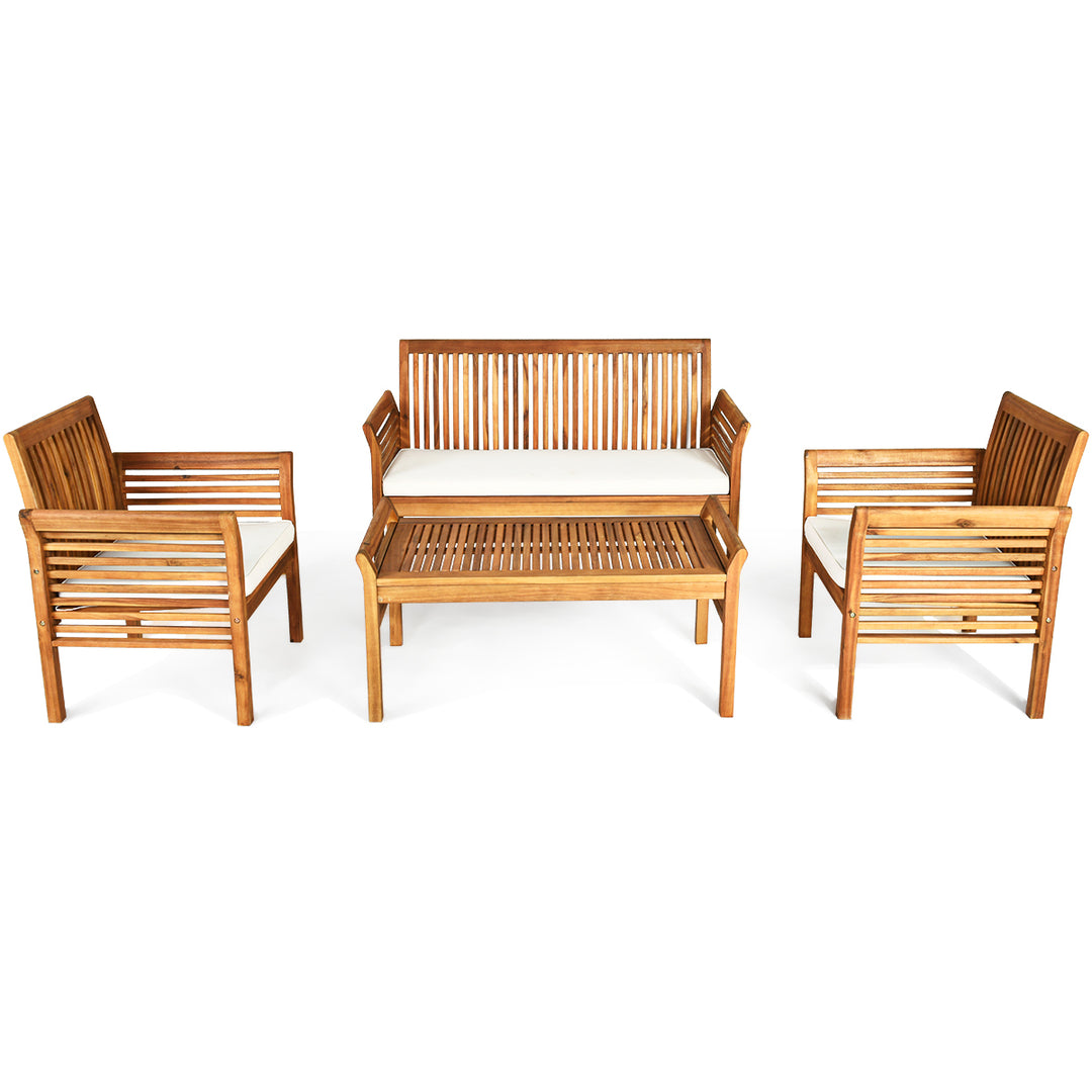 4PCS Wooden Patio Conversation Set Outdoor Furniture Set w/ Cushion Image 2