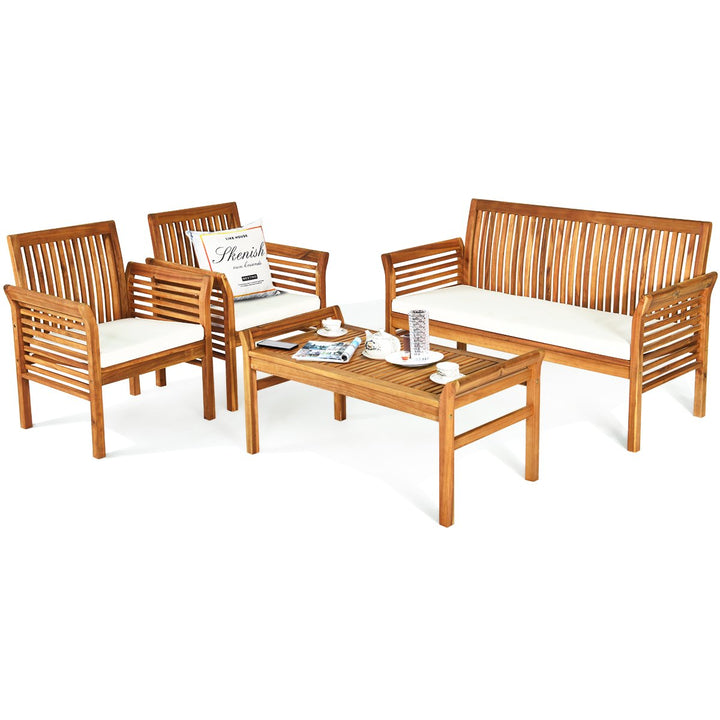 4PCS Wooden Patio Conversation Set Outdoor Furniture Set w/ Cushion Image 6