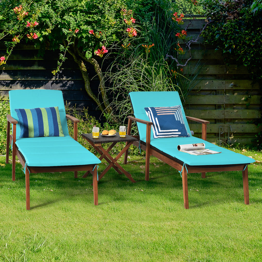 3PCS Outdoor Patio Lounge Chair Set w/ Folding Table Turquoise Cushion Image 6