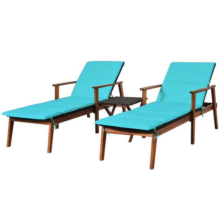 3PCS Outdoor Patio Lounge Chair Set w/ Folding Table Turquoise Cushion Image 2